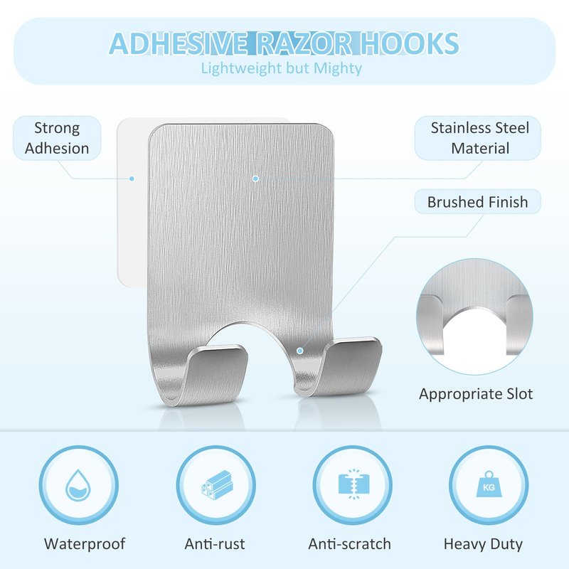 VIS'V Shower Wall Razor Holder, Metal Adhesive Razor Hooks for His and Hers, Waterproof, Silver, 2 Pcs