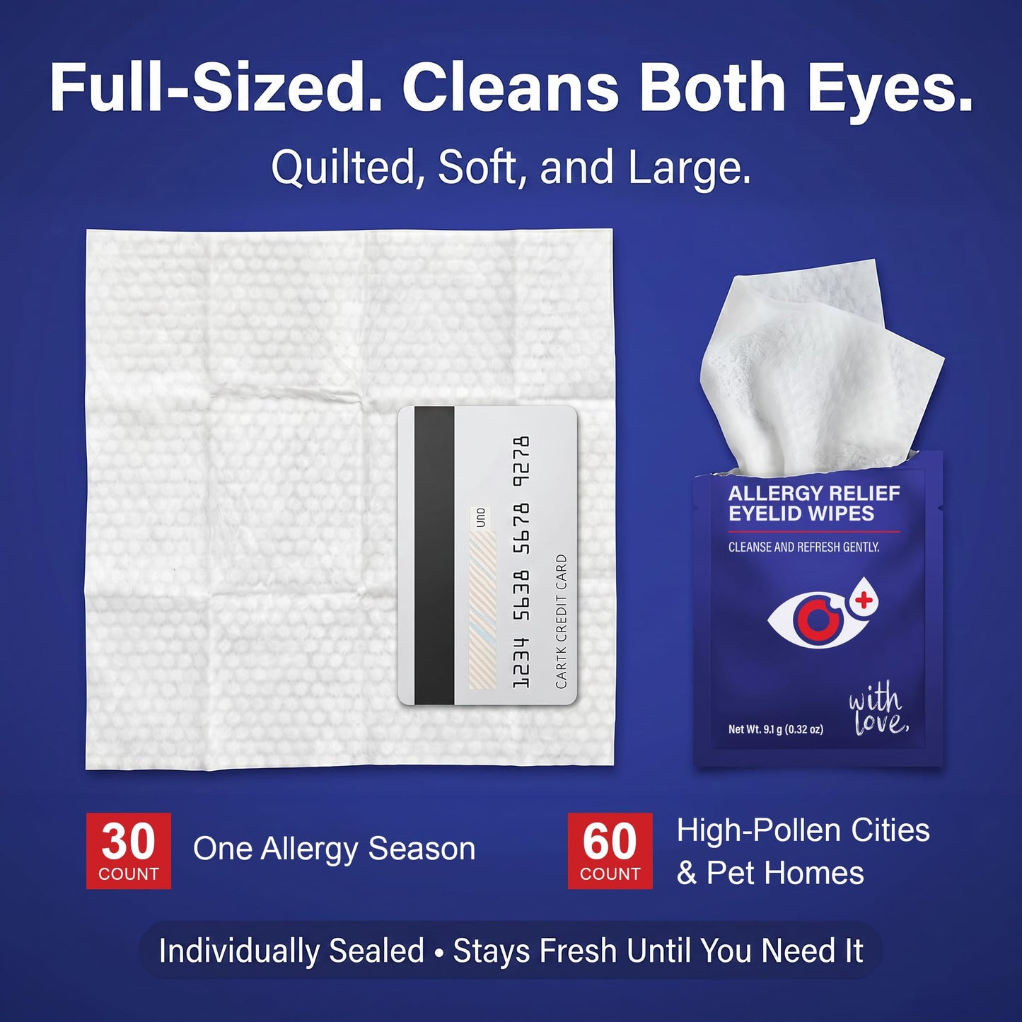 Allergy Eye Wipes for Dry Itchy Red Eyes 30 Count | Drug Free Eye Wipes for Pollen Pets & Seasonal Allergies | Hyaluronic Acid, Chamomile & Aloe | Individually Wrapped Sensitive Eye Cleansing Wipe
