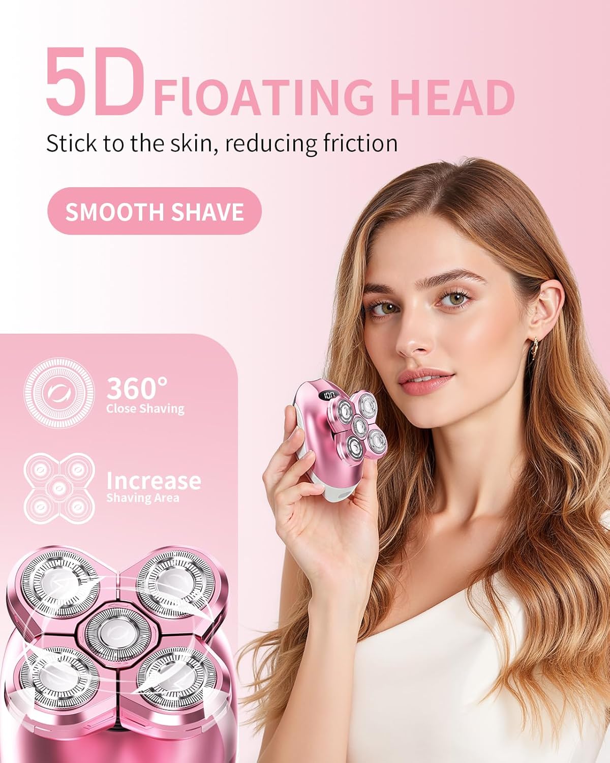 Electric Razors for Women - 5-in-1 Waterproof Rechargeable Shaver | LED Display, Travel-Friendly Trimmer in Pink