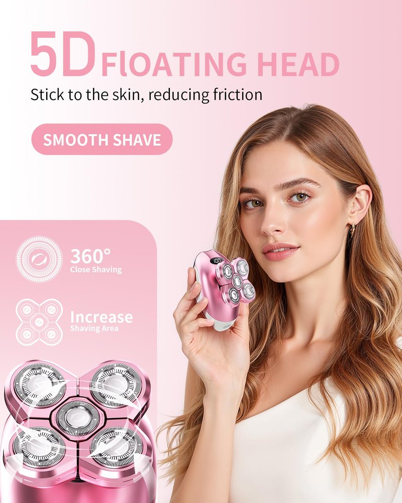 Electric Razors for Women, 5-in-1 Multi-Function Womens Razor with LED Display, Rechargeable Waterproof Electric Shaver, Ideal Travel Trimmer Body Hair Remover for Legs, Face, Armpits &Bikini (Pink)