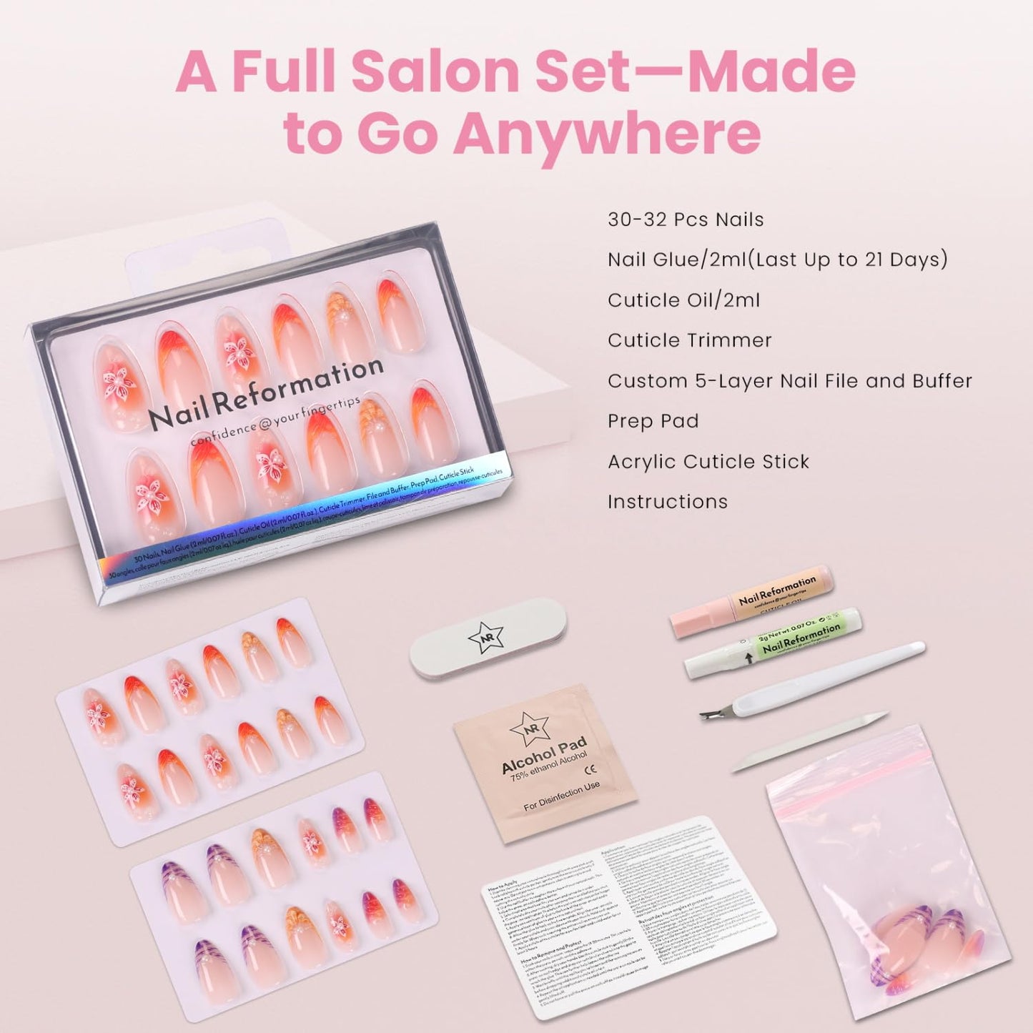Press On Nails - Tropic Tide Sunset Orange to Deep Purple | Medium Almond Shape with 3D Floral Accents - Reusable 30-Piece Set in 15 Sizes