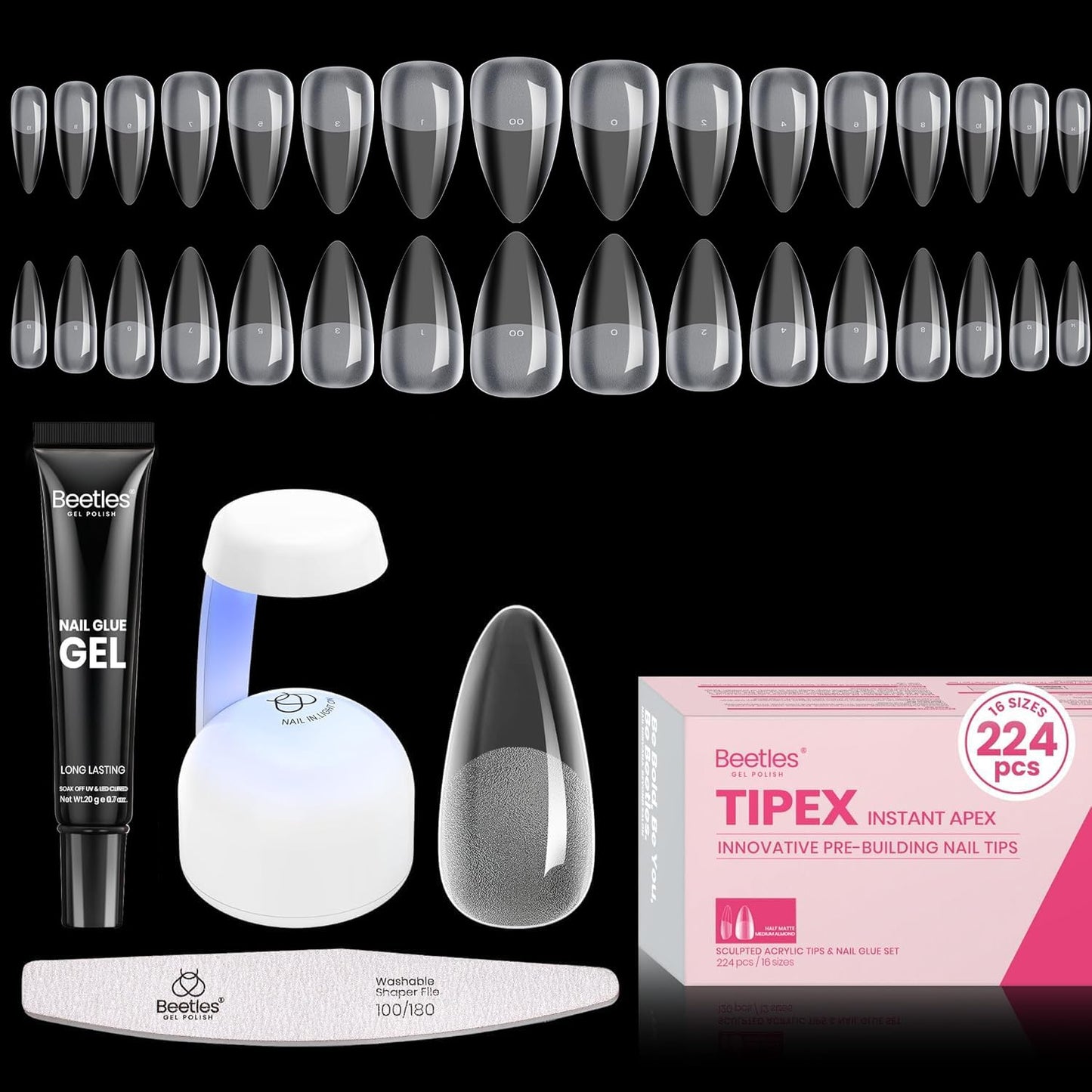 Beetles Tipex Gel Nail Kit - 224 Pcs Extra Short Square Nail Tips with Mini Lamp & Glue | 16 Sizes