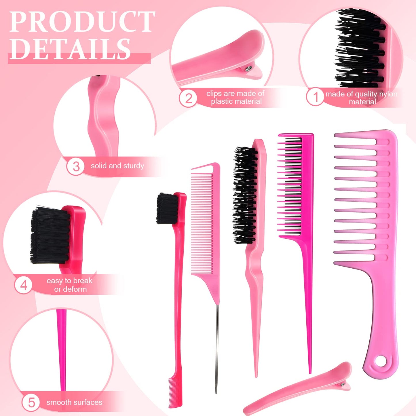 Nuenen 15 Piece Nylon Comb Set for Grooming Salon with Boar Bristle Brush Fluffy Brush Rat Tail Comb Triple Teasing Scrub Dual Edge Scrub and 10 Duckbill Clips for Women(Pink and Black)