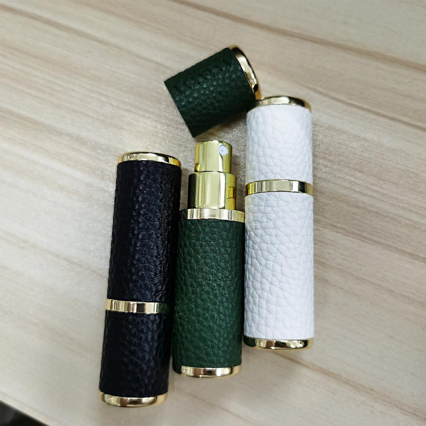 LUEXBOX 3 Pack Portable Perfume Bottle for Travel, Mini Refillable Perfume Dispenser, 5ml Faux Leather Leak Proof Perfume Atomizers Bottles Sprayer for Pocket Perfume (Black, White, Green)