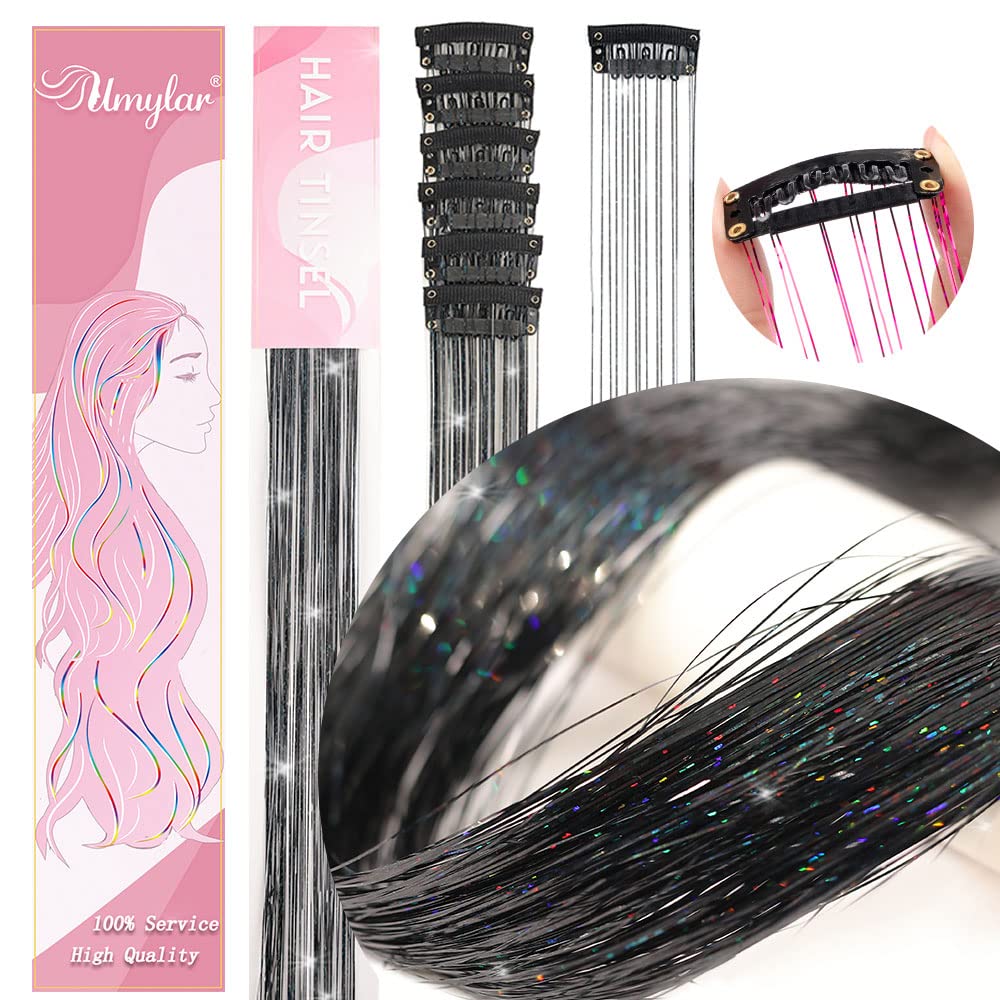 Clip In Hair Tinsel Extensions - 20 Inch Glitter Strands for Festivals | 12 Pcs Black Dazzle Kit for Women & Girls
