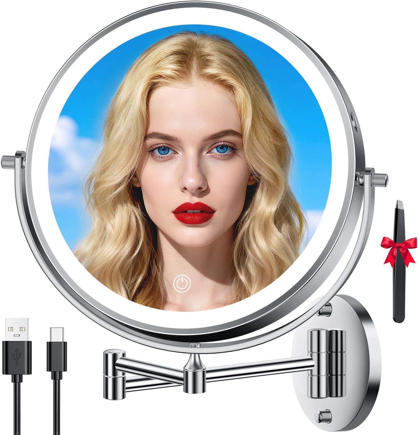 Lighted Makeup Mirror - 1X/30X Double-Sided Magnifying Mirror with 3 Color Touch Dimmable Lights | 8" Rechargeable, 360° Rotating Arm, Brushed Nickel