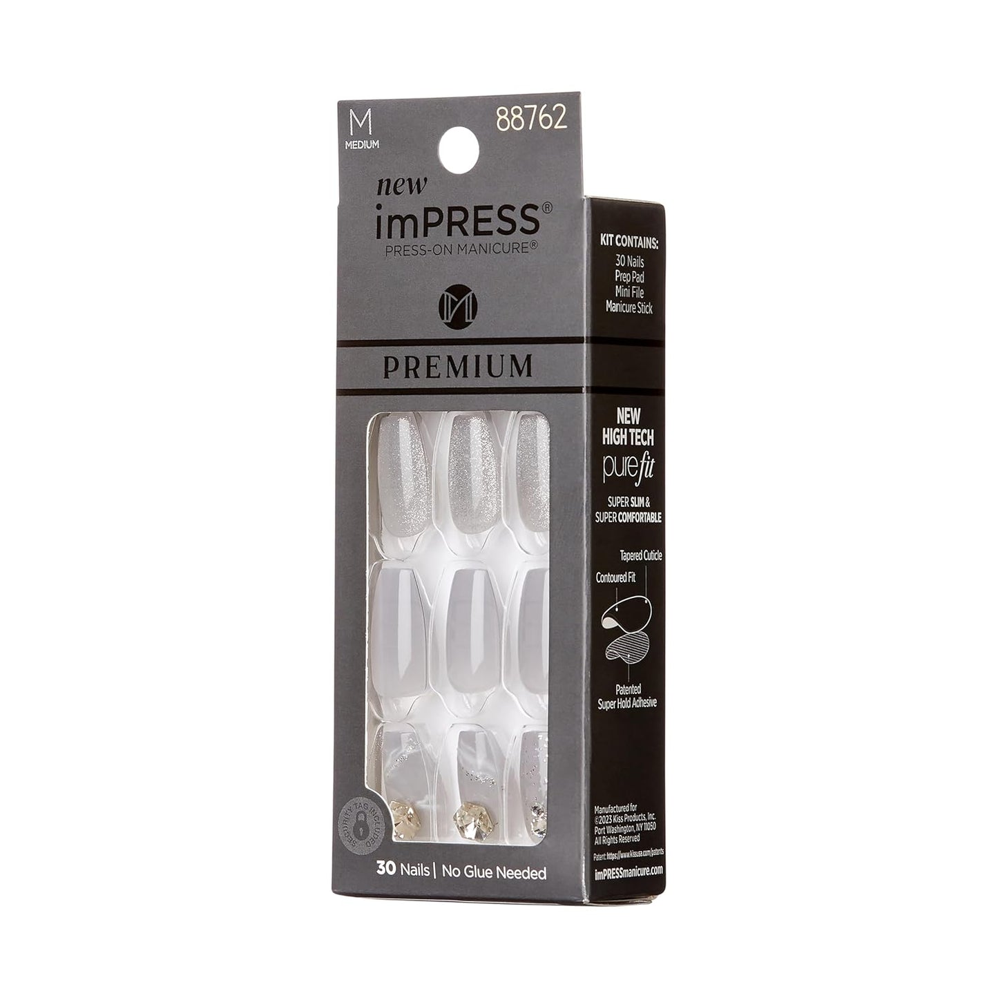 KISS imPRESS Press-On Manicure - Gray V-Cut Stone Fake Nails | Medium Ballerina/Coffin Shape, Easy Application, 30 Count