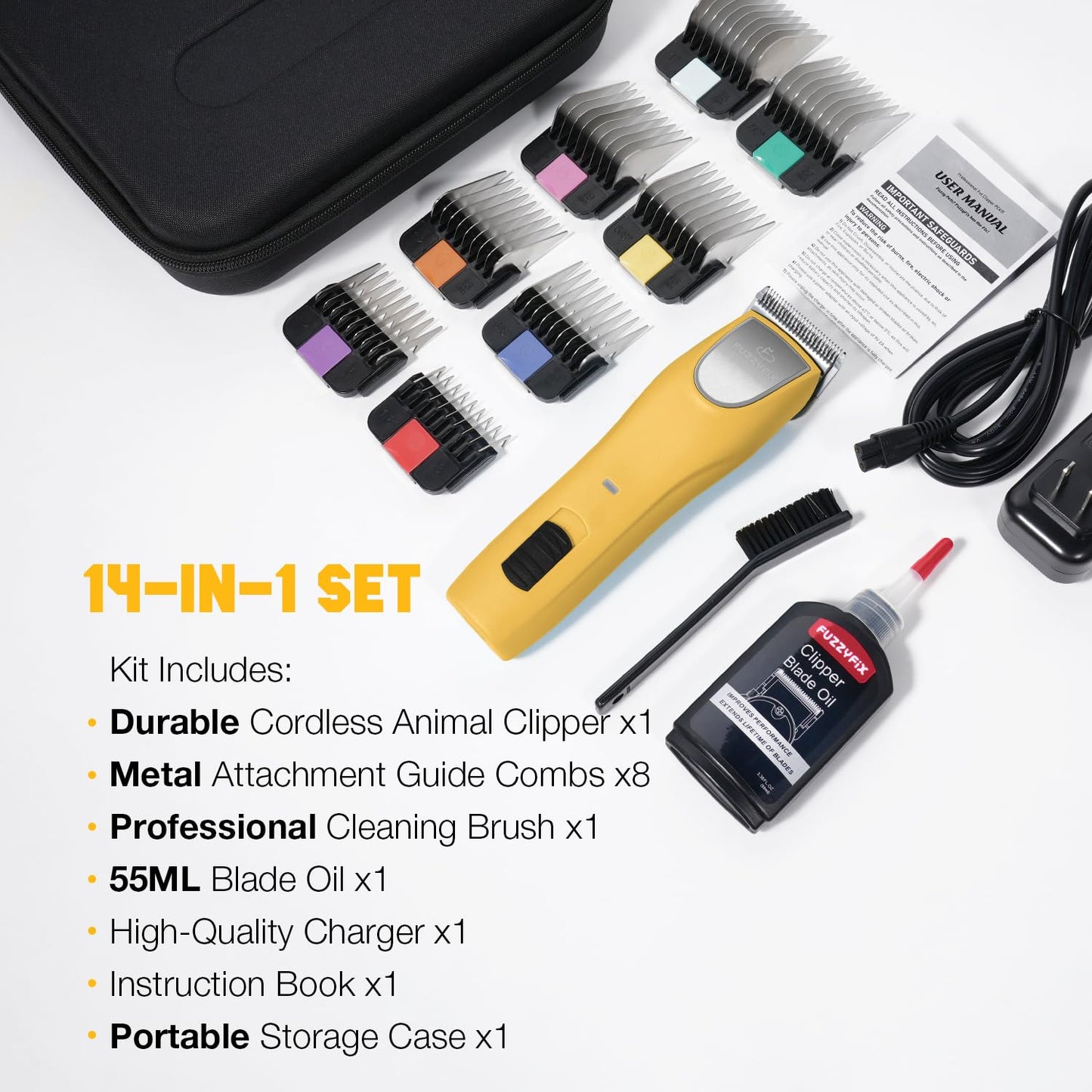 FuzzyFix Professional Dog Clippers for Grooming, 2 Speed Pet Grooming Kit for Thick Curly Matted Coats, Low Noise Heavy Duty Cordless Hair Trimmer with Detachable Metal Blade