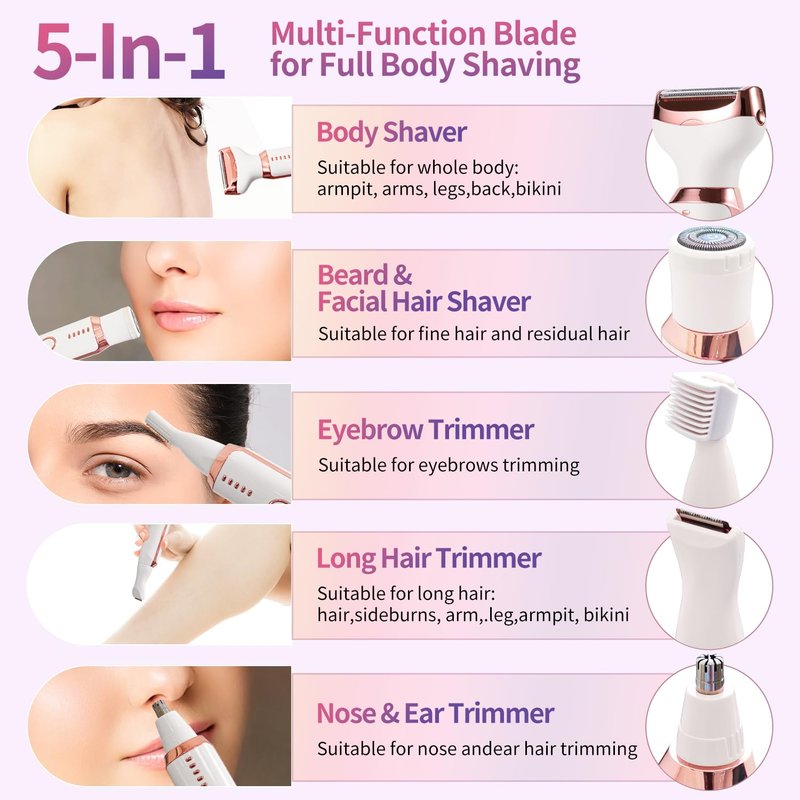 Electric Razors for Women, 5 in 1 Painless Ladies Wet & Dry Body Razors and Facial Hair Remover, Rechargeable Facial and Body Hair Remover for Face Nose Eyebrow Arms Armpit Legs Pubic Area（White）