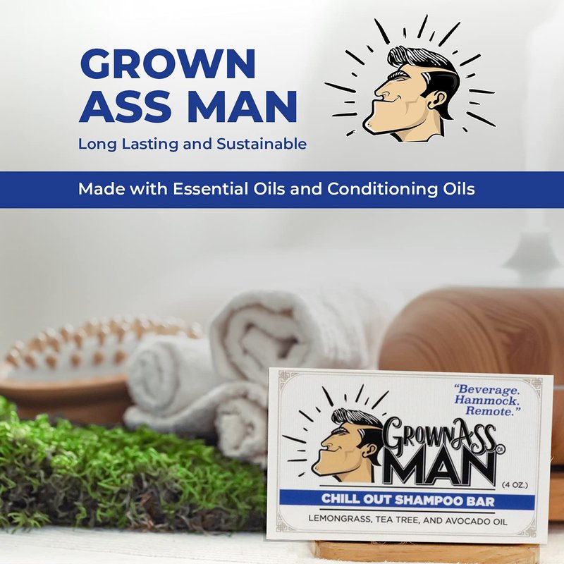 Grown Ass Man Co. - Solid Shampoo Bar Rich Lather 3 in 1: Hair, Beard & Body Wash - Plastic Free & Eco-Friendly, Natural & Organic Clean for All Hair Types, 4oz Bar (Chill Out, Single)