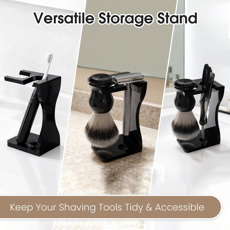 Keropy 2-in-1 Shaving Brush and Razor Stand, Black Acrylic Razor Holder with Brush, One-Piece Shave Brush Stand, Safety Razor Stand for Men, Universal Bathroom Storage Organizer, Grooming Gift for Men