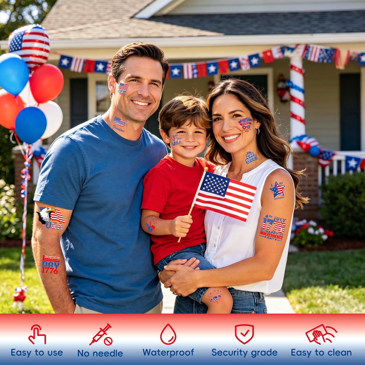 50Pcs 250th Independence Day Temporary Tattoos, Patriotic 4th of July Temporary Tattoos Stickers, Red White Blue Decorative Designs for Kids and Adults, Suitable for Parades and School Celebrations(C)