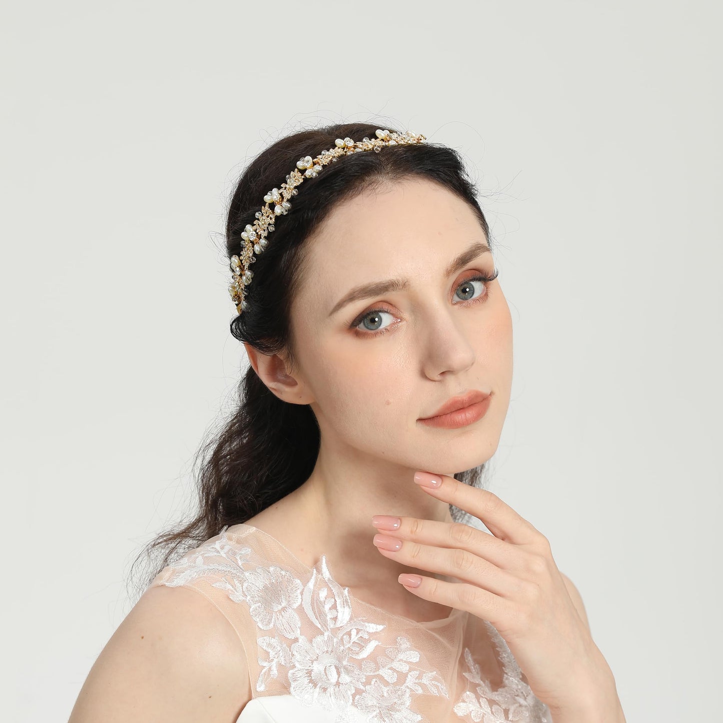 527&huan Gold Butterfly Bridal Headband Teardrop Pearls Crystal Rhinestone Wedding Hair Vine, Handmade Copper Wire Woven Wedding Hair Accessory with Satin Ribbon for Bride Bridesmaid Prom Pageant