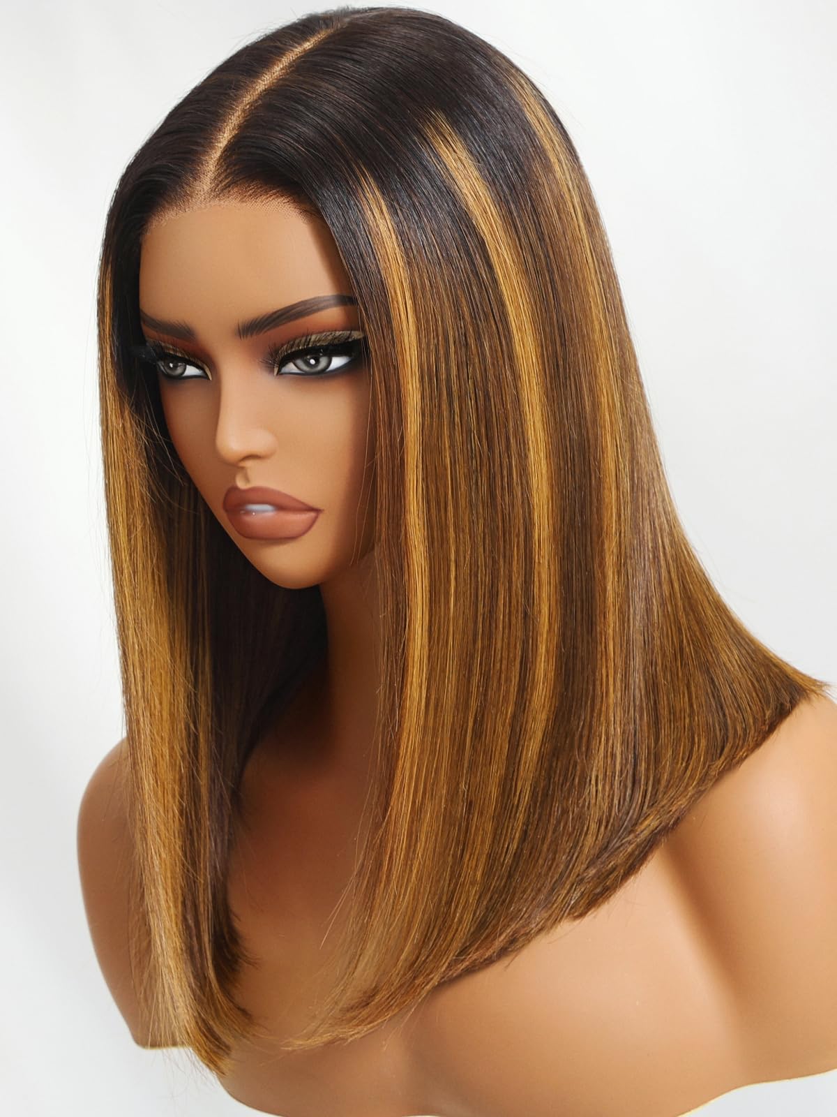 UNICE Bye Bye Slip Blunt Bob Wig Human Hair 7x5 Lace Closure Glueless Drawstring Wig Pre Plucked Pre Cut Bleached Knots Brown with Blonde Piano Highlights 12 inch