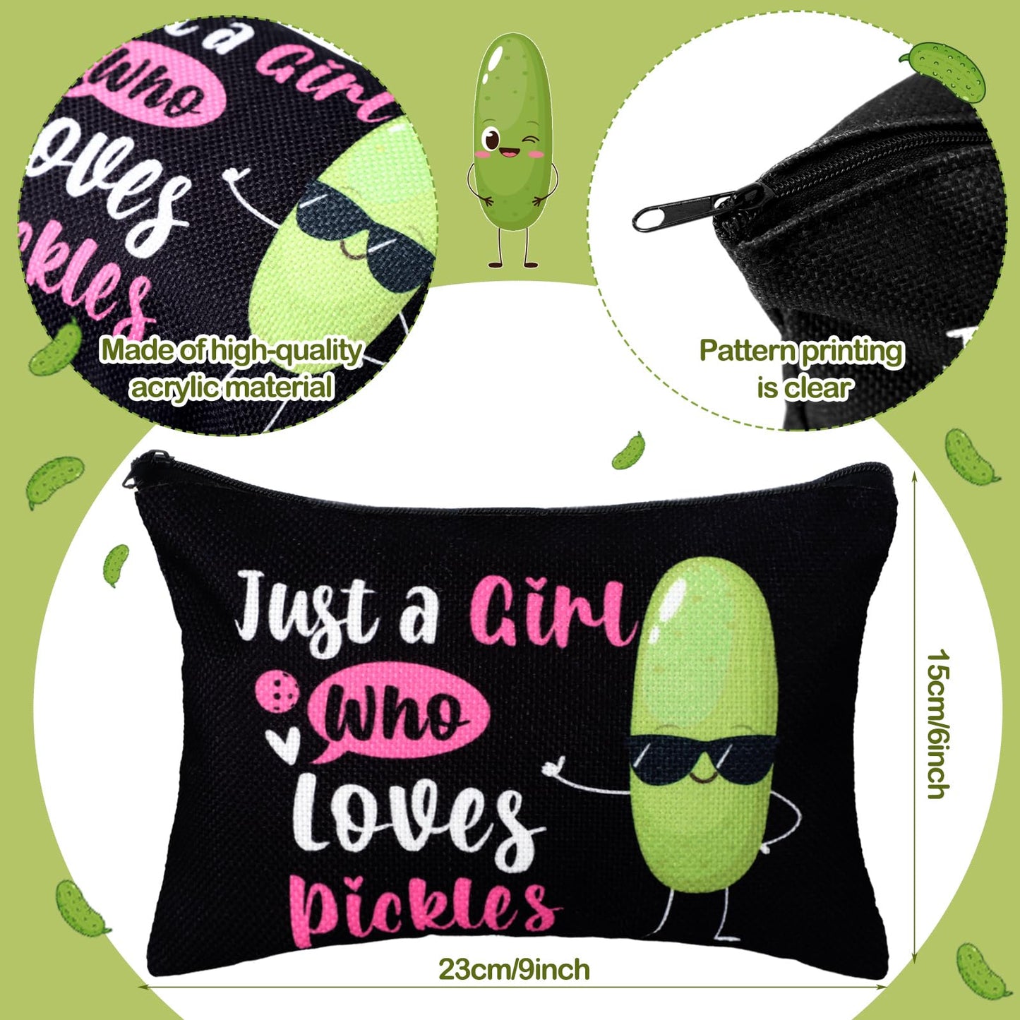 Soaoo Funny Pickle Gifts Set for Women Just a Girl Who Loves Pickle Gifts for Lover Makeup Bag 12 oz Stainless Steel Tumbler Sock Present Box for Back to School Christmas Birthday(Green and Black)