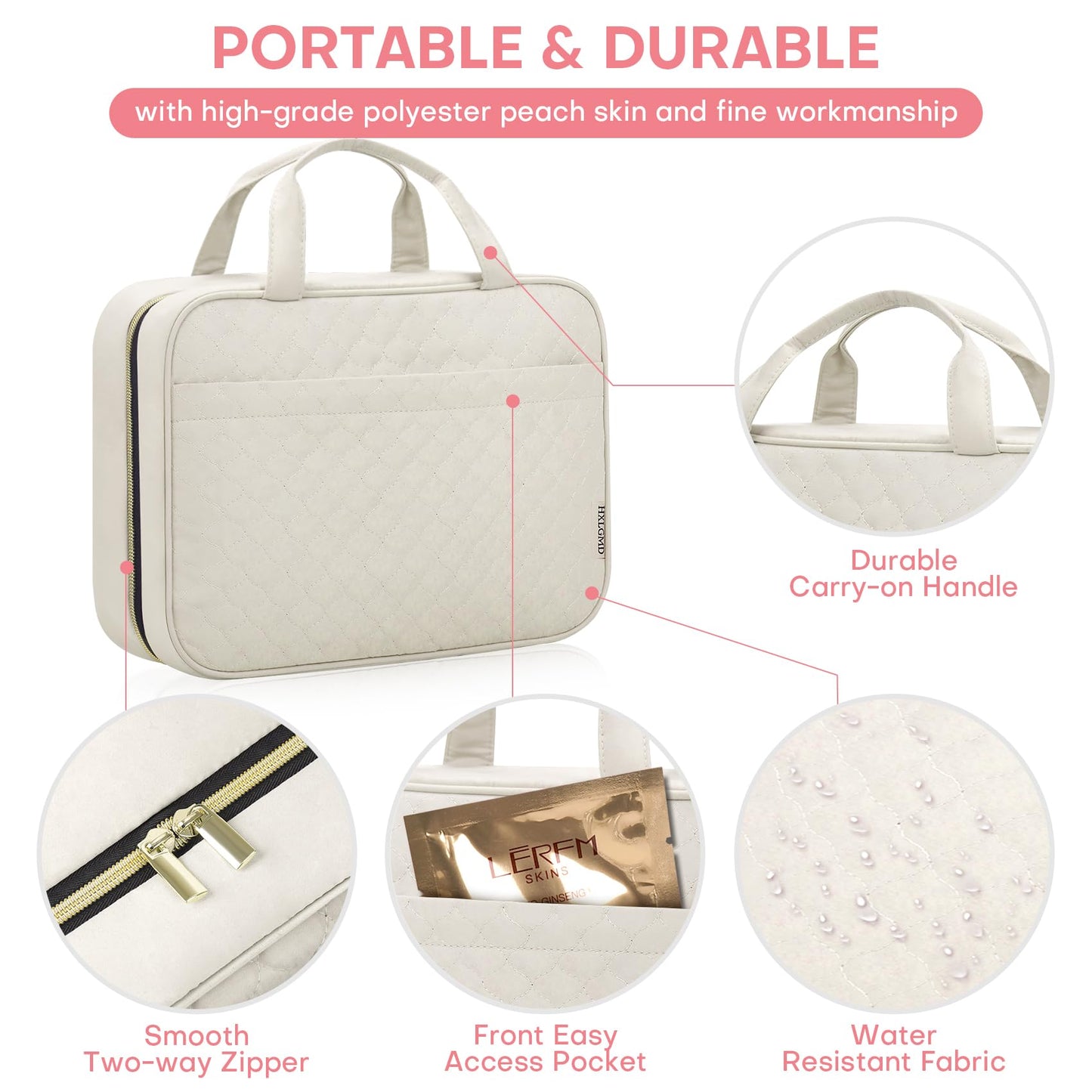 HXLGMD Travel Size Toiletry Bag for Women, Portable Cosmetic Bag with Hanging Hook, Travel Essentials Water-resistant Makeup Organizer for Accessories, Shampoo, Full-size Container, Toiletries