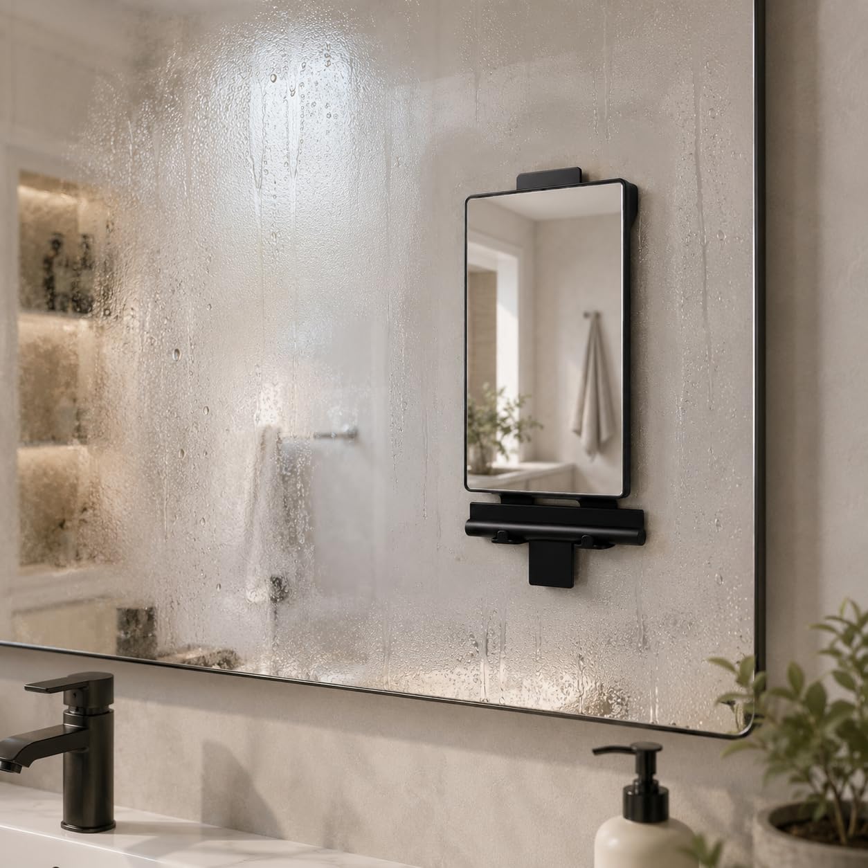 HONEYBULL Fogless Shower Mirror for Shaving with Water Tank, Adhesive Mount