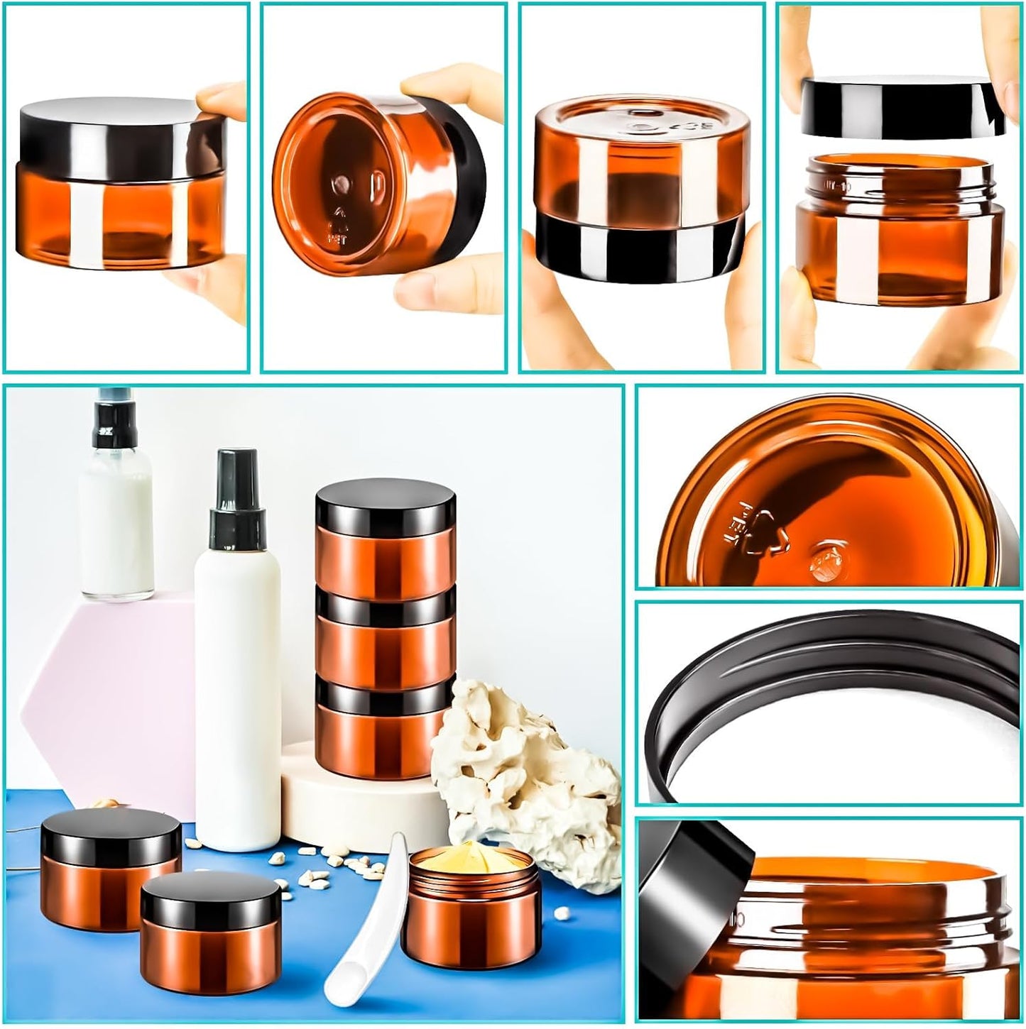 Amber Plastic Jars - 20 Pack 1oz Refillable Makeup Containers | Leakproof Travel Jars for Cream, Lotion, Powder