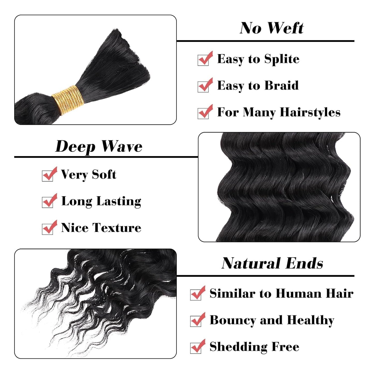 Human Braiding Hair for Boho Braids 110g 26 Inch Deep Wave Boho Hair for Braiding Curly Human Hair Extensions Knotless 12A Bulk Bohemian 2 Bundles/Pack Natural Color