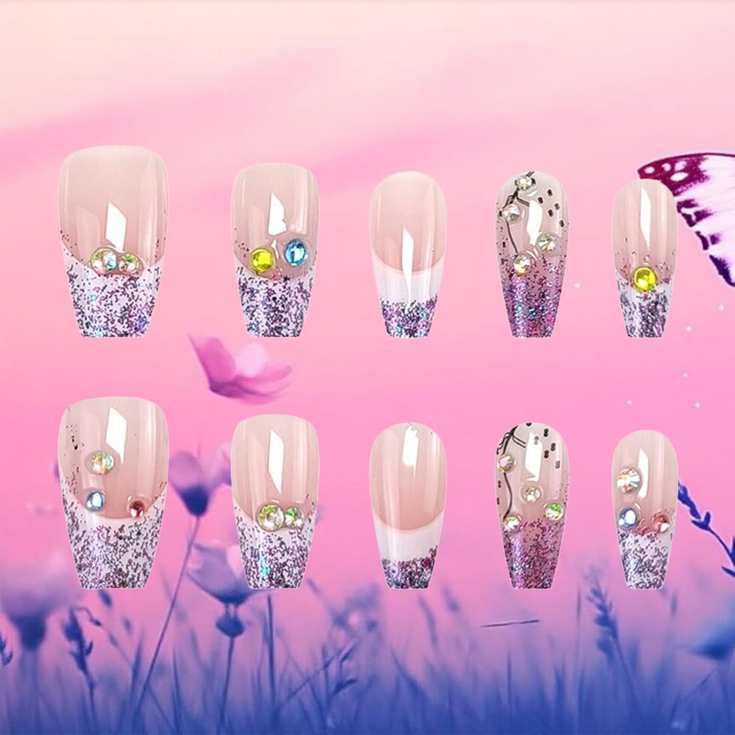 Glossy Purple Glitter French Tip Press-On Nails - Medium Coffin Shape with Rhinestones | 24 Pcs Full Cover Acrylic Set