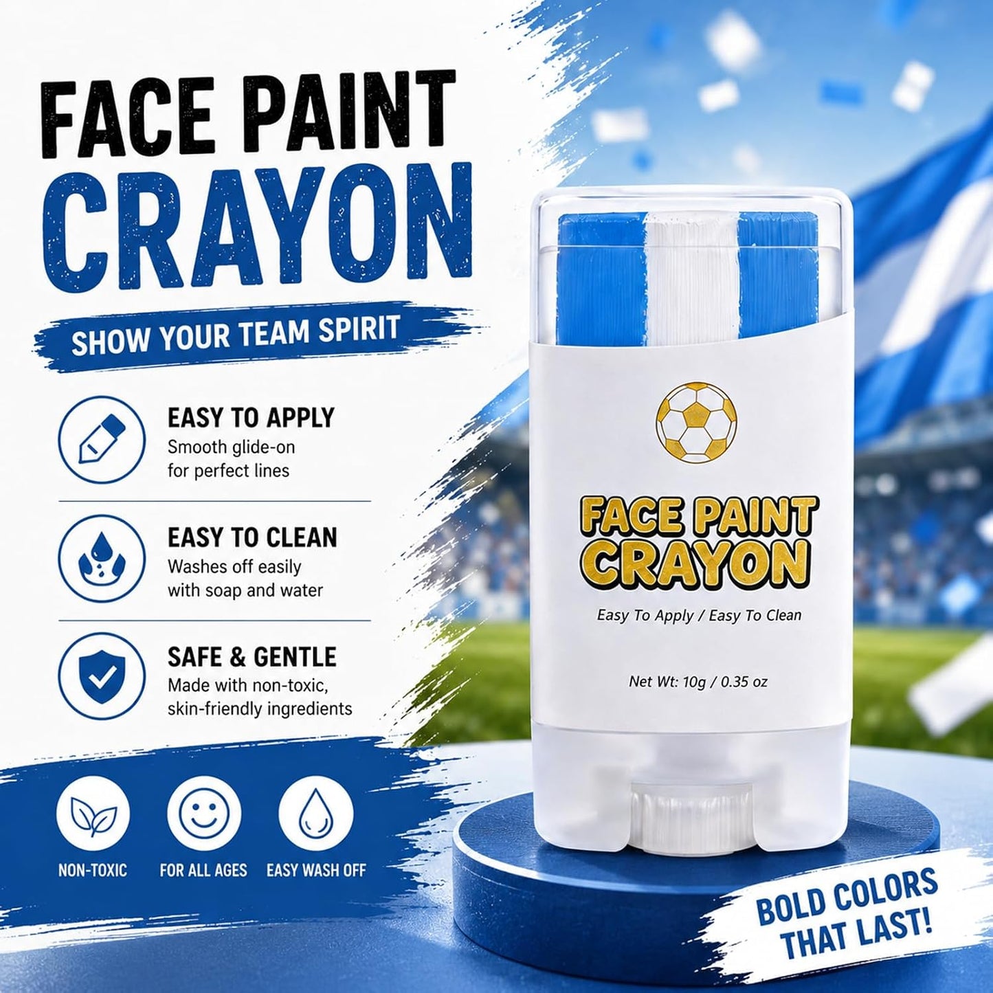 Face Paint Stick - Blue & White Argentina Soccer Fan Makeup | Washable, Non-Toxic Crayon for Game Day, Softball & Football
