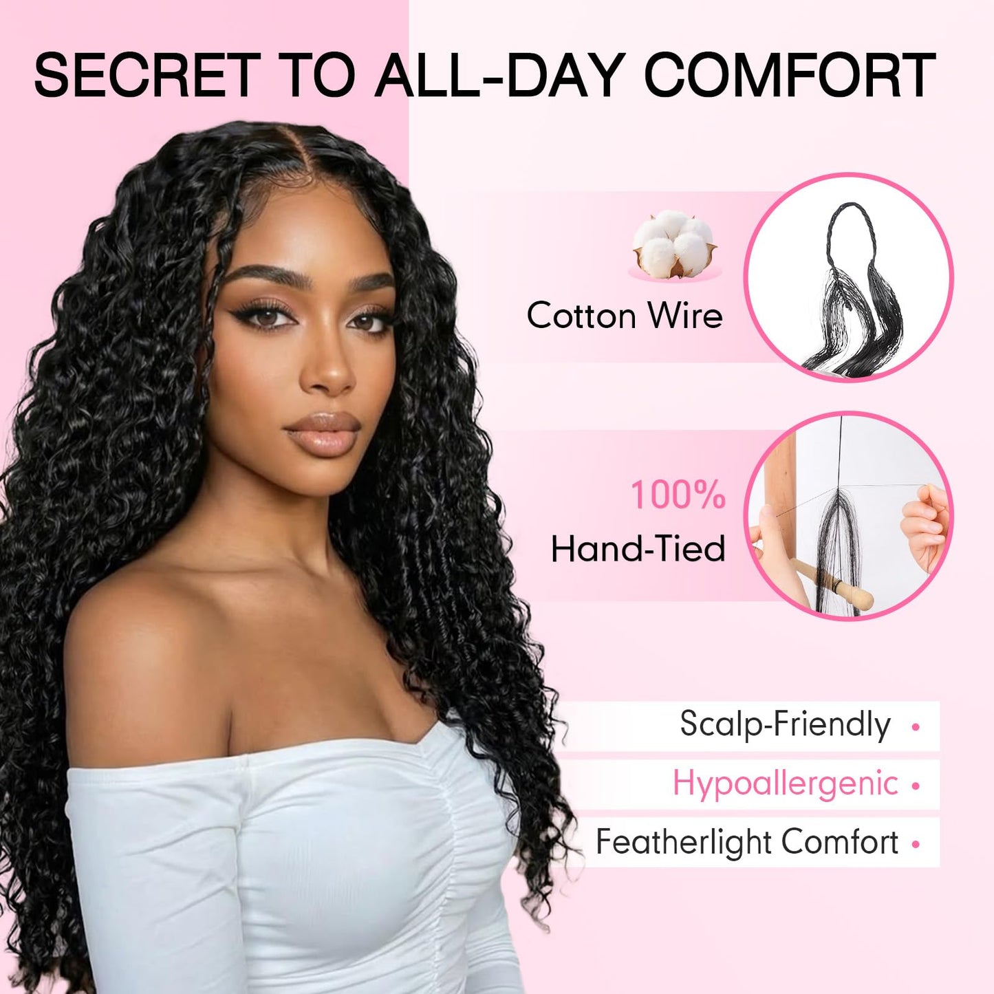 Miracle Knots Feather Crochet Hair (Deep Wave) - 20" Hand-Tied Synthetic Extensions, 100 Strands Soft Cotton Core Glue-Free Knotless Hair Pieces (Natural Black)