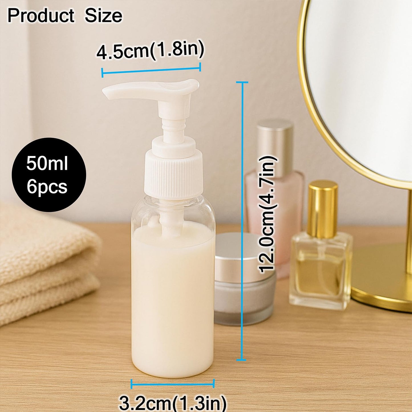 6Pcs 50ml/1.67Oz Clear Plastic Pump Bottles with White Dispenser Refillable Travel Lotion Pump Bottles Leakproof Empty Cosmetic Containers for Shampoo, Conditioner, Liquid Soap, Cream