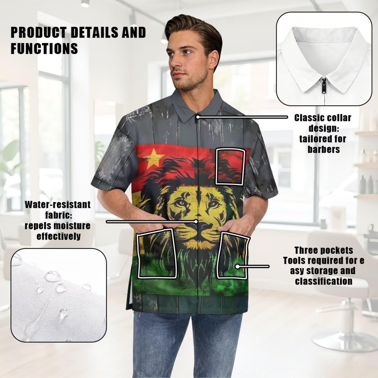 Srengjodk Waterproof Hairdresser Apron, Multiple Pockets Professional Salon Spa Hair Stylist Vest Cosmetology Apron Pet Groomer Work Clothes Jamaican Shirts Lion Print L 2XL
