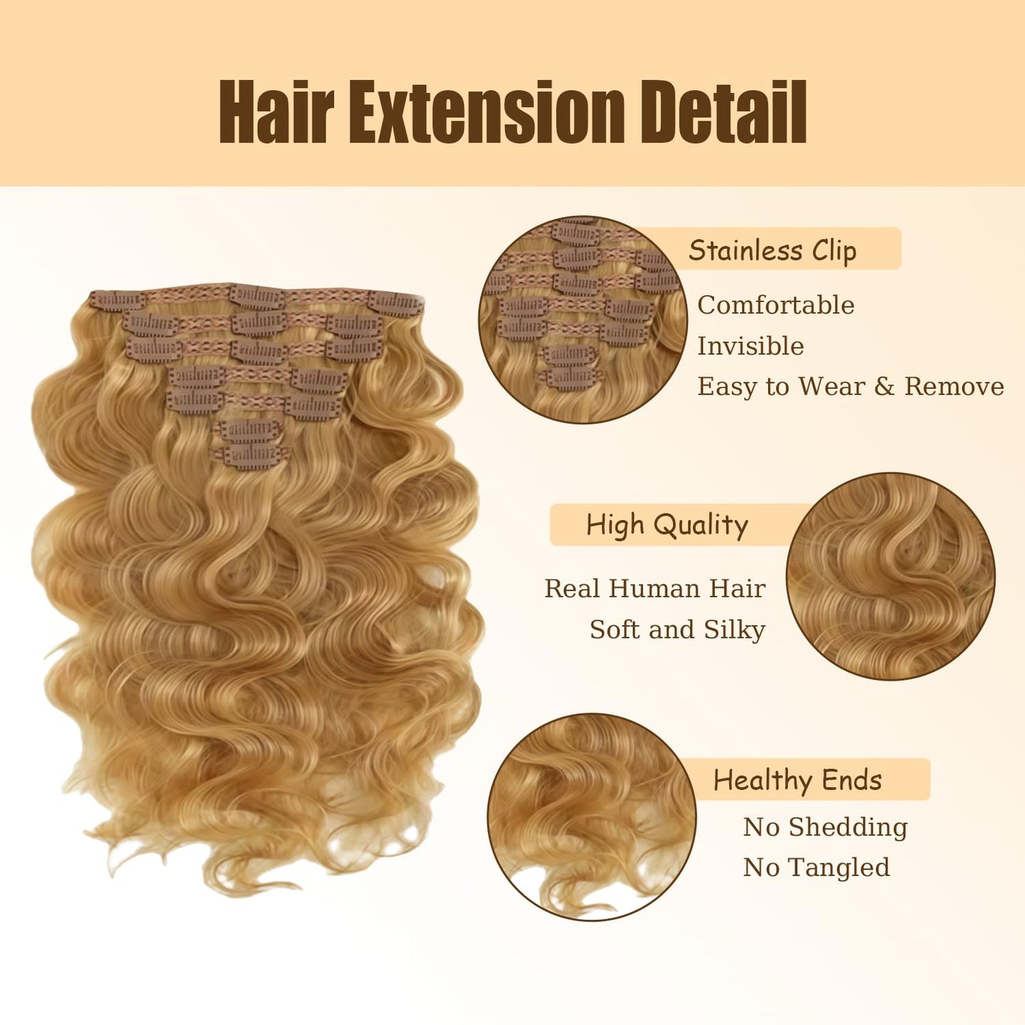 #27 Blonde Clip in Hair Extensions Real Human Hair, 22 Inch 120g/7Pcs,Full Shine Remy Human Hair,Honey Blonde Body Wave Clip ins Brazilian Virgin Human Hair Extensions