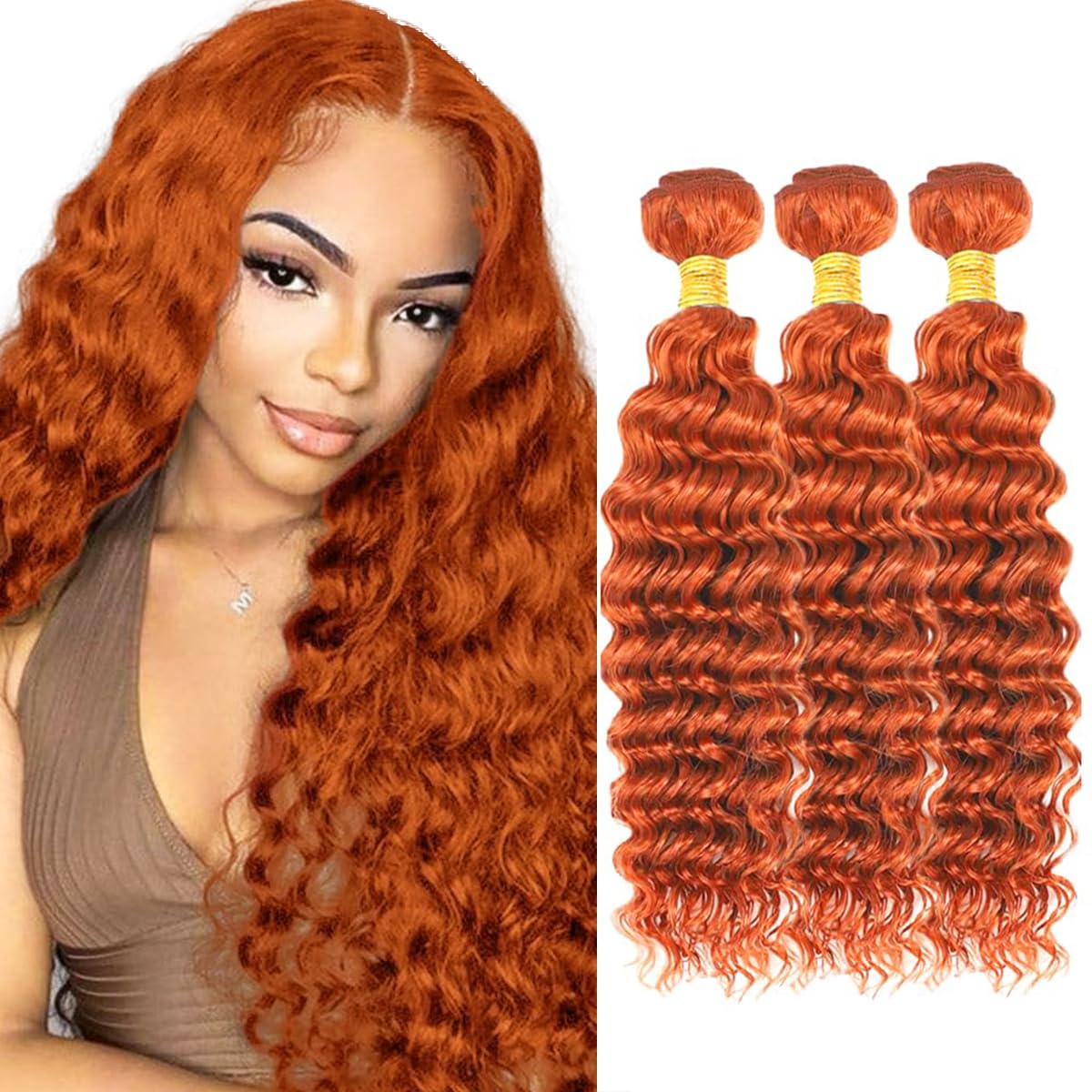 26 28 30 inch AuokMar Color 350 Human Hair Bundles Ginger Deep Wave Bundle Mixed Length 3 Bundles 350 Orange Hair Extensions 150g