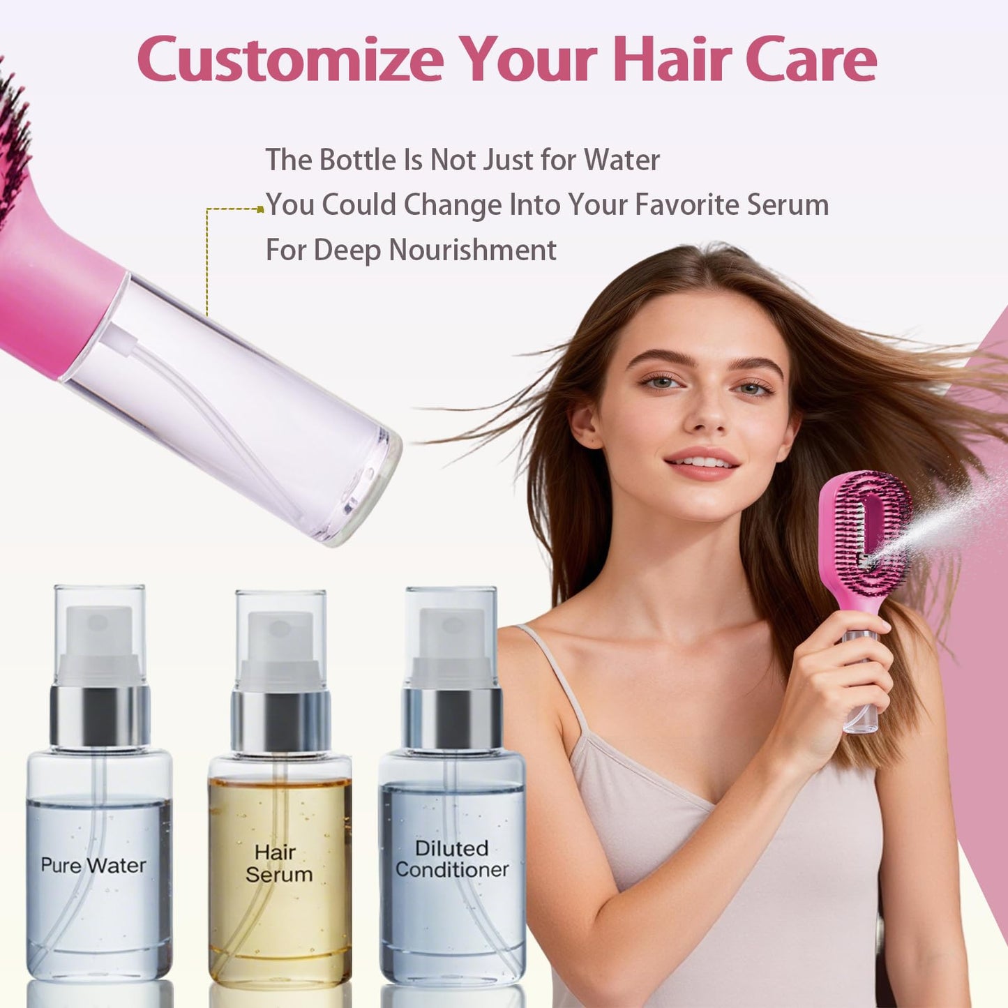 Hair Brush with Water Spray, 2-in-1 Detangling Tool for Frizz Control, Works on Wet & Dry Strands, Portable Mist Comb for Thick, Curly & Fine Textures(1 Rose Pink)