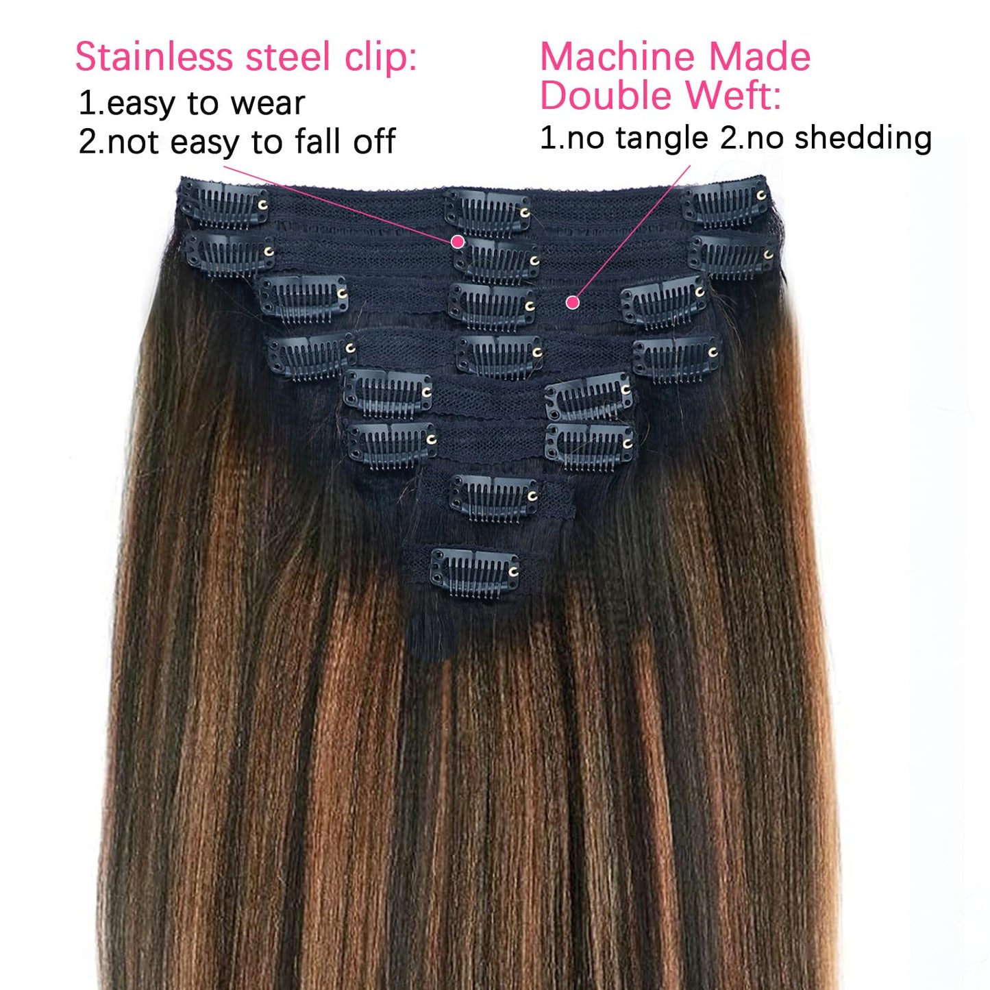 20 Inch Highlight Yaki Straight Clip in Hair Extensions Real Human Brazilian Virgin Clip Ins For Women Hair Extensions Yaki Straight Clip on Hair(20inch,T1BP1B/30)
