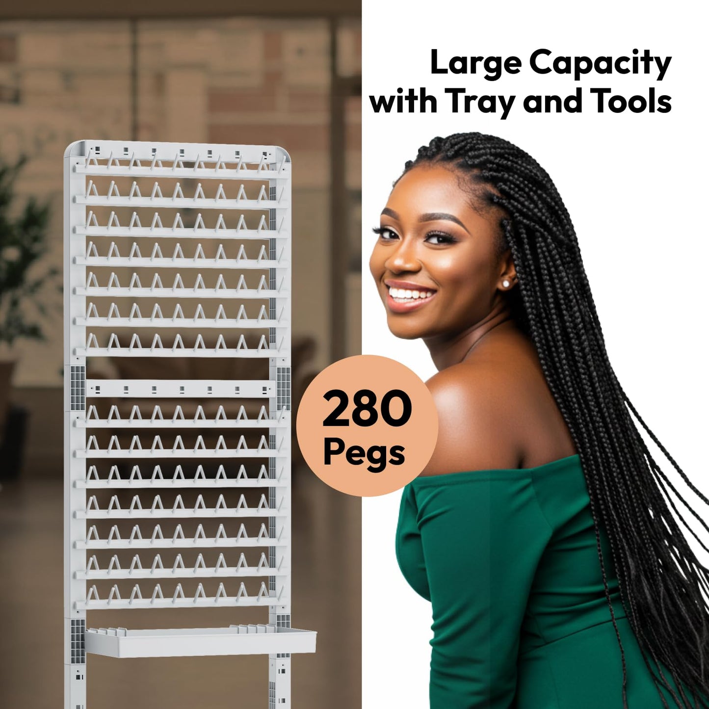 Sunnacate 280 Pegs Braiding Hair Rack with Tray and Tools, Height Adjustable, 2-Side Braid Rack with Wheels, Standing Braider Hair Stand Separator Extension Holder Perm Accessories for Salon Home
