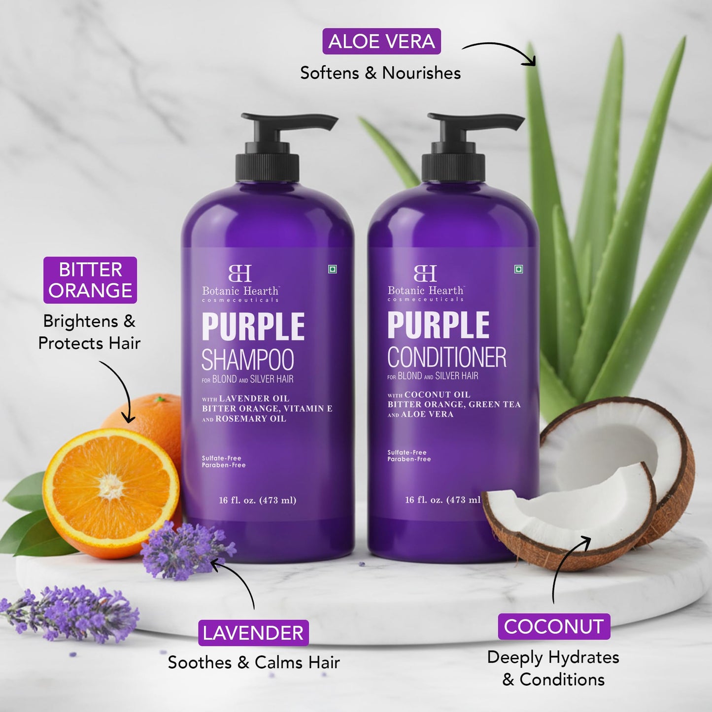 Botanic Hearth Purple Shampoo And Conditioner Set | For All Shades Of Blonde, Silver And Gray Hair | Enhances Highlights | Sulfate Free, Paraben Free, 16 Fl Oz Each