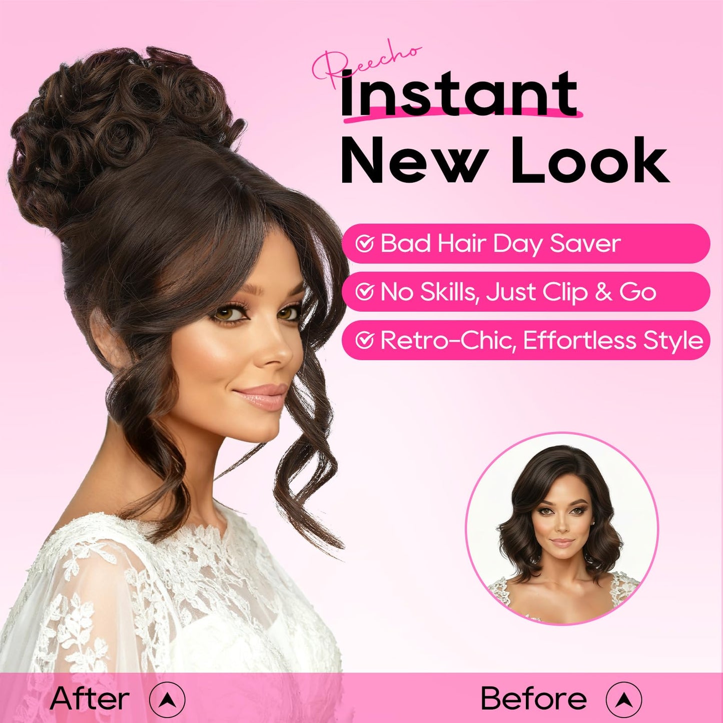 REECHO Messy Bun Hair Piece with Bangs - 2-in-1 Hair Bun Hairpieces Curly Updo Wig & Hair Topper with Long Side Bangs Natural-Looking Drawstring Ponytail Extension for Women
