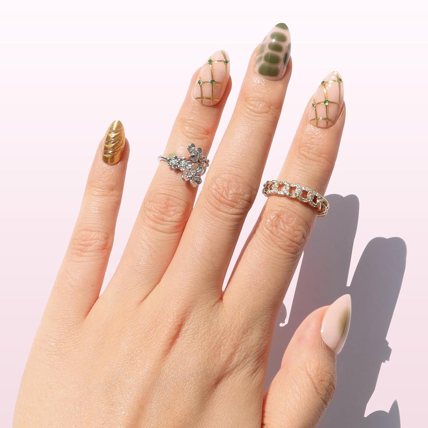 Press On Nails - Short Almond Fake Nails in Jade Green with Jewel Gold Accents | 32-Piece Reusable Nail Kit for Women