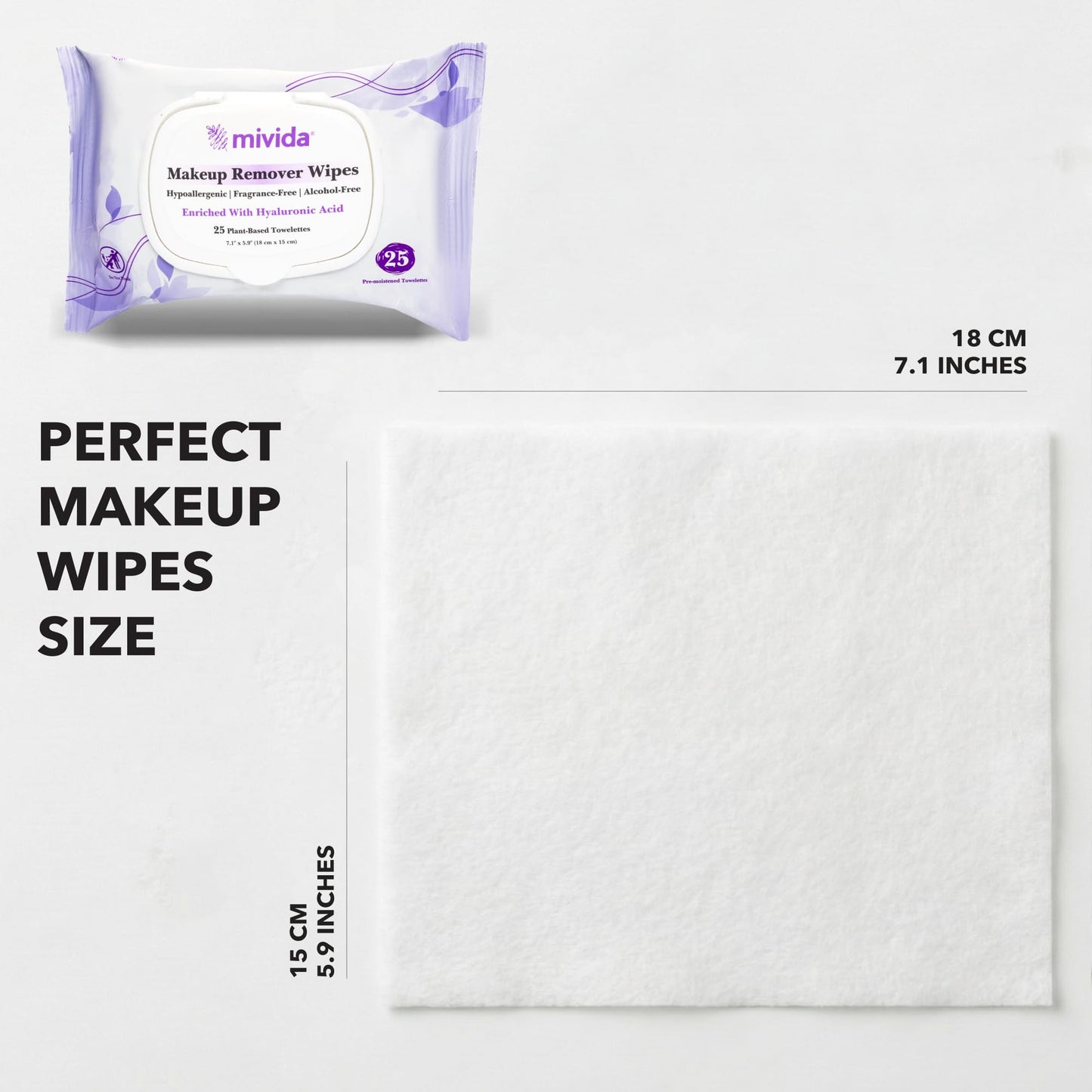 mivida Hypoallergenic Makeup Remover Wipes With Hyaluronic Acid, Dermatologist Tested Alcohol Free & Fragrance Free Makeup Wipes For Sensitive Skin, Make Up Remover, Travel Friendly 2 × 25 Count