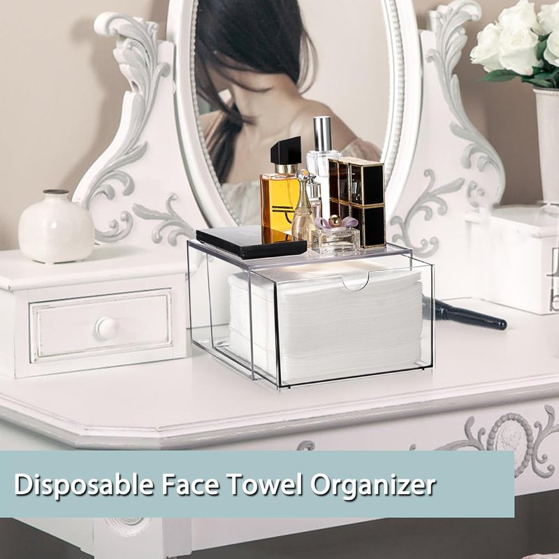 Clear Plastic Face Towel Holder - Bathroom Vanity Organizer with Drawer Storage | Compatible with Clean Skin Club Towels
