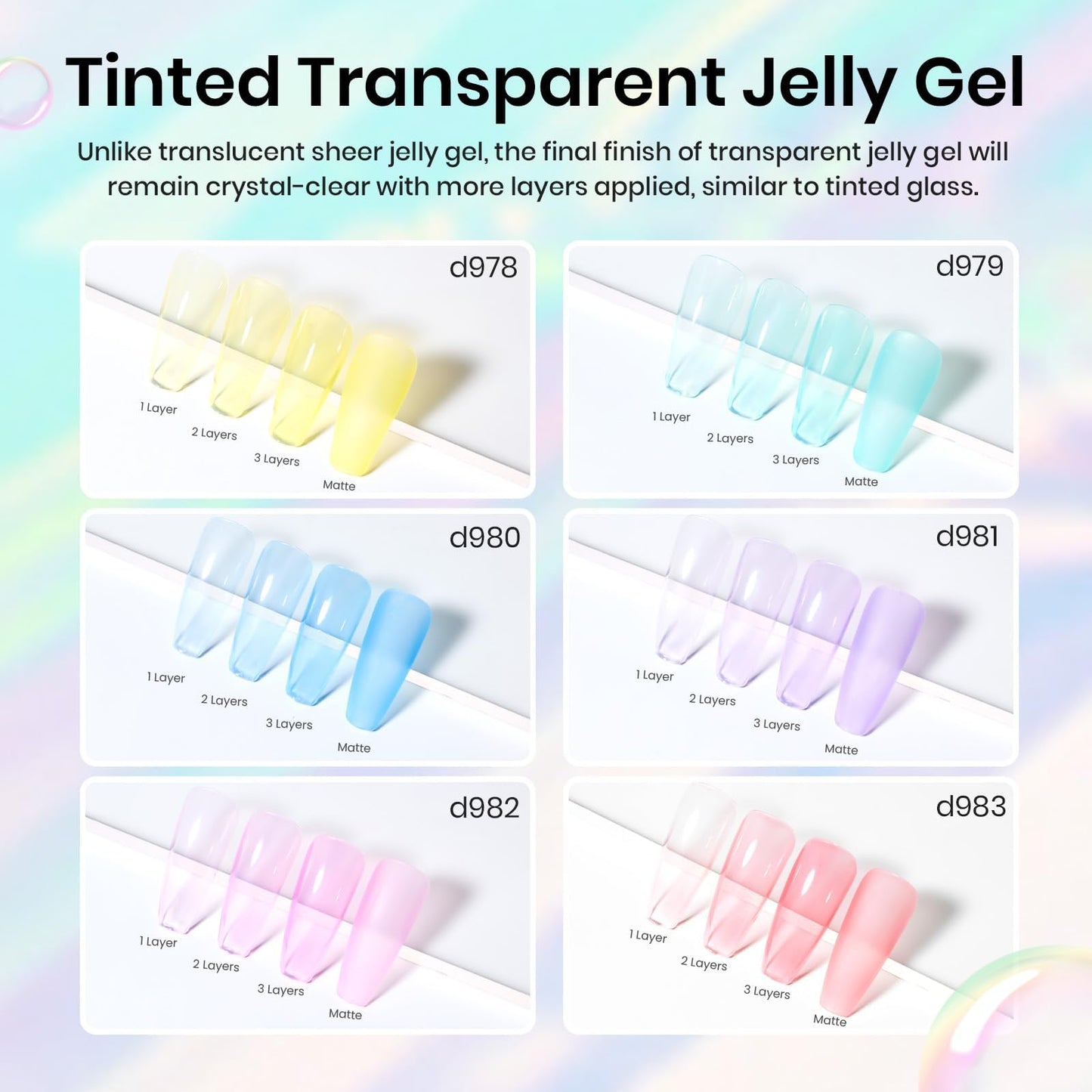 Beetles Pastel Gel Nail Polish Set, 6 Colors Jelly Pink Red Blue Green Purple Yellow Gel Polish kit Spring Summer Crystal Glass Translucent Effect Rainbow French Nail Art Soak Off UV Gift for Women