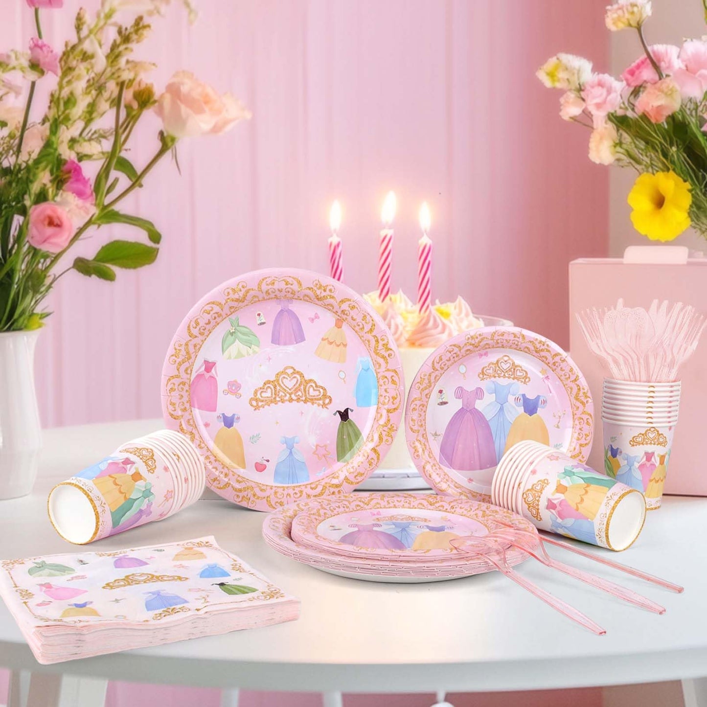 Zizzy Zuzim 175Pcs Princess Paper Plates Napkins, Princess Themed Birthday Party Decorations Pink Party Supplies Disposable Dinnerware Set Plate, Utensils, Cup, Napkin, Tableware Set, Serve 25 Guests