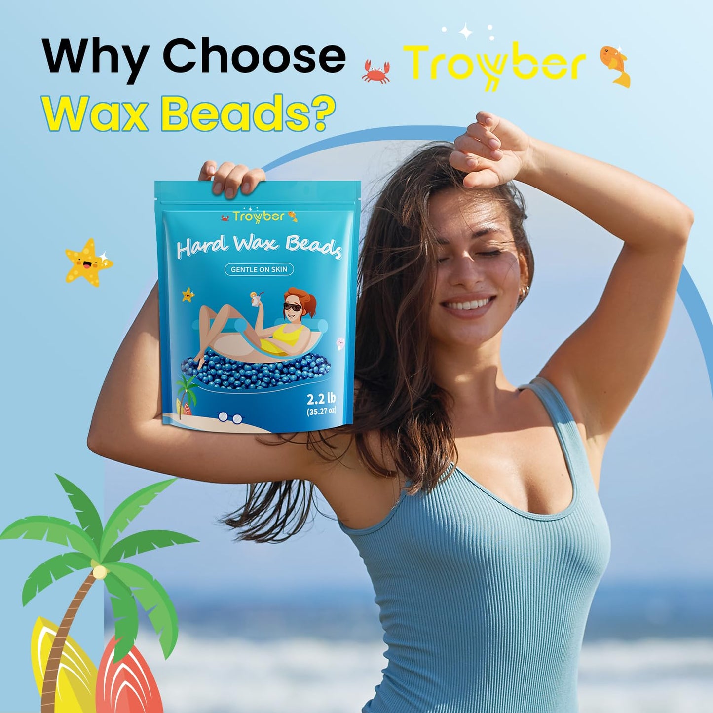 Troyber Hard Wax Beads for Coarse Hair Removal, 2.2lb Wax Beads Bulk, Waxing Beads for Brazilian & Full Body, At-Home Easy Removal, Peel-Off Waxing Beads