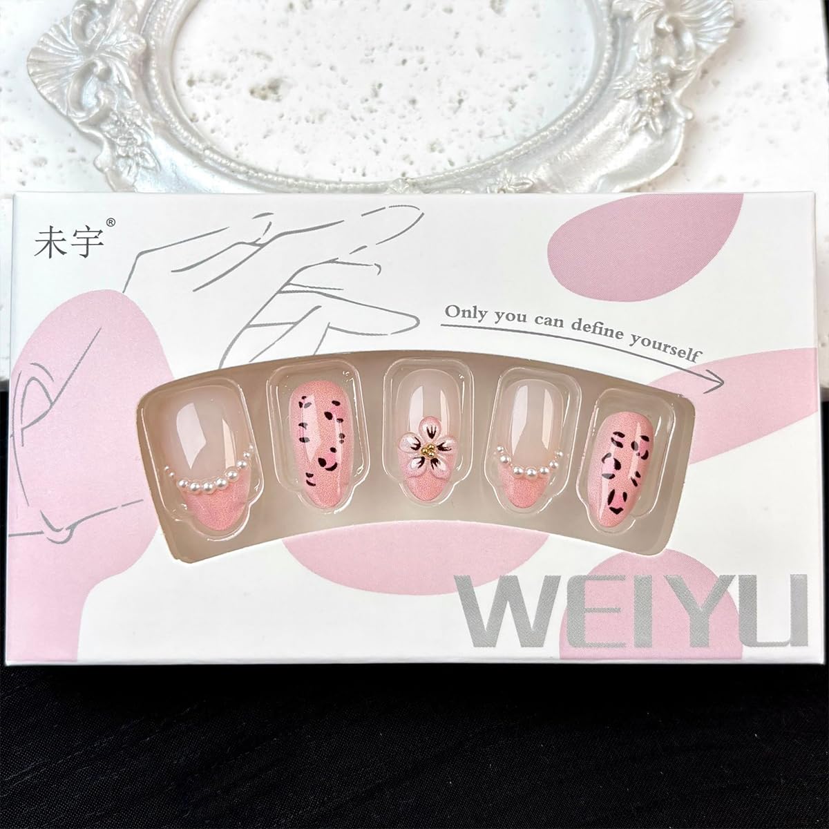 Press-On Nails - 30 Pcs Pink Flower French Tip Design | Short Almond 3D Floral Full Cover Acrylic Set