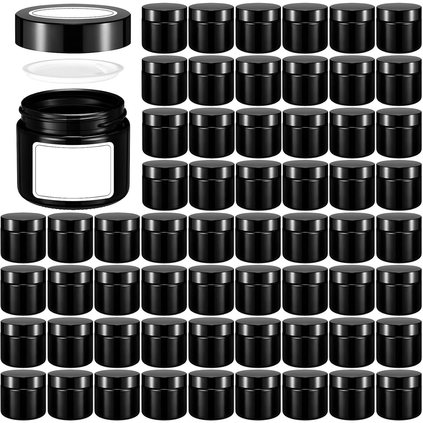 Layhit 60pcs 2 oz Glass Jars - Small Travel Storage Containers for Lotions & Creams | Amber with Black Lids