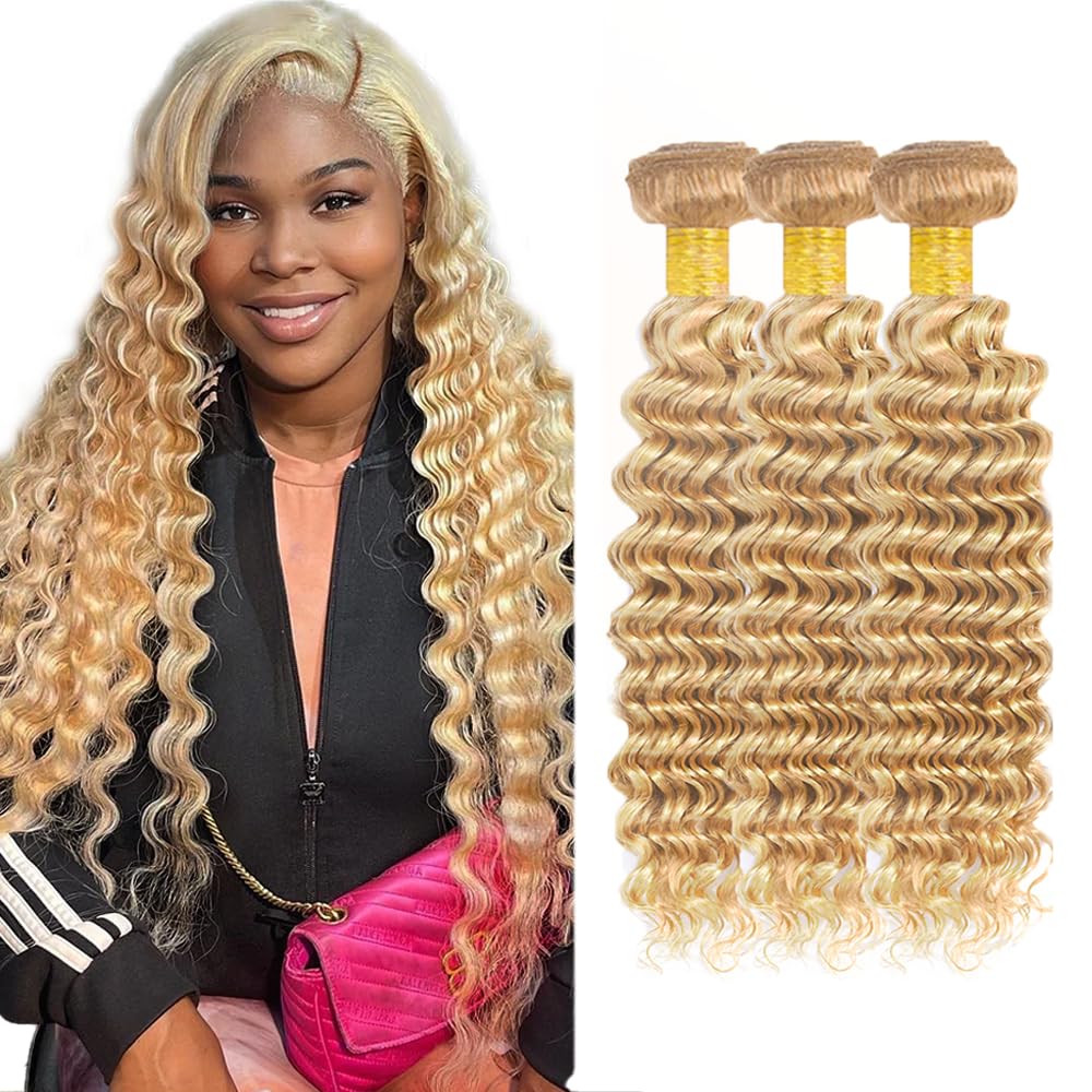 300g Highlight Bundles Human Hair Honey Blonde Deep Wave Bundle 18 20 22 inch #27 Honey Blonde Human Hair Bundle