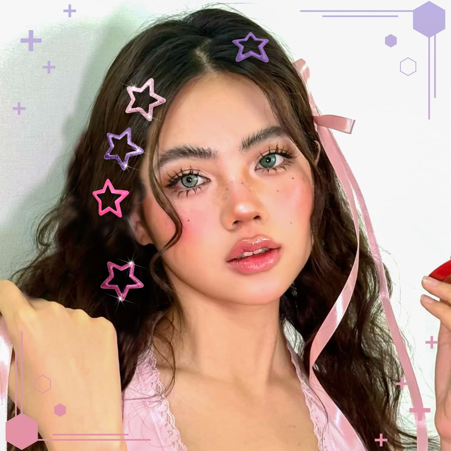 NAISKA 24PCS Purple Pink Star Hair Clips Kawaii Glitter Hair Barrettes 6 Styles Sequins Non Snap Clips for Girls Metal Hair Pins Y2K Accessories for Women