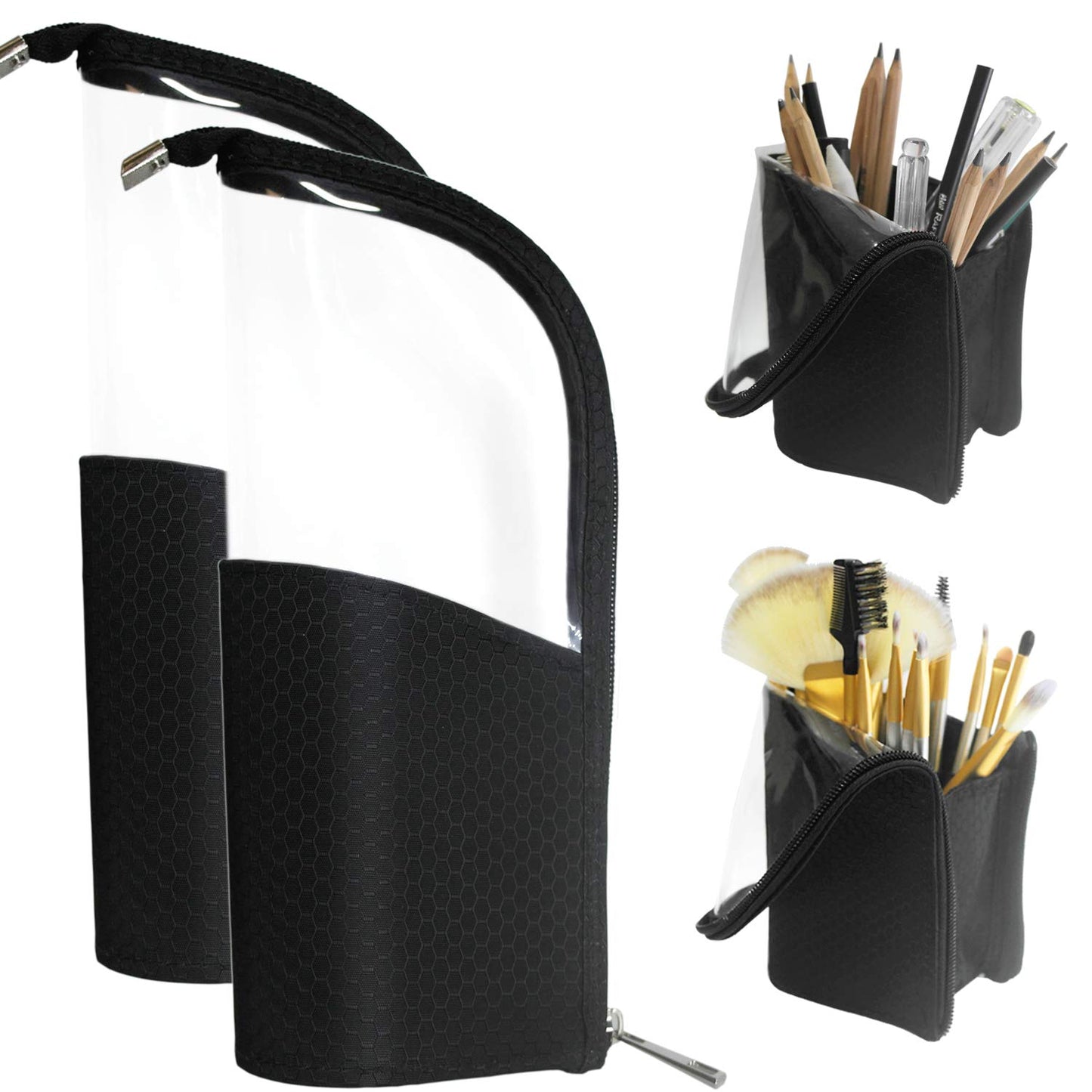 ANEMEL Black Travel Makeup Brush Holder 2-Pack, Organizer Bag Clear Plastic Cosmetic Zipper Pouch Portable Waterproof Dust-Free Stand-Up Small Toiletry Stationery Bag with Divider