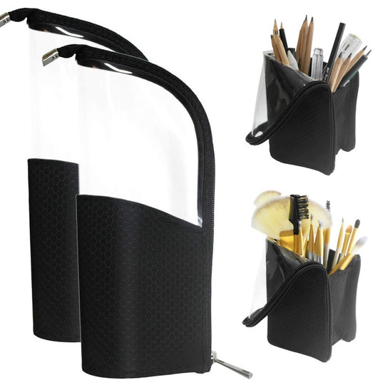 ANEMEL Black Travel Makeup Brush Holder 2-Pack, Organizer Bag Clear Plastic Cosmetic Zipper Pouch Portable Waterproof Dust-Free Stand-Up Small Toiletry Stationery Bag with Divider