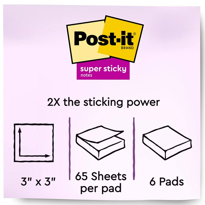 Post-it Super Sticky Notes, 3x3 in, 6 Pads, 2X The Sticking Power, Energy Boost Collection, Bright Colors (Orange, Pink, Blue, Green),Recyclable (654-6SSAU)