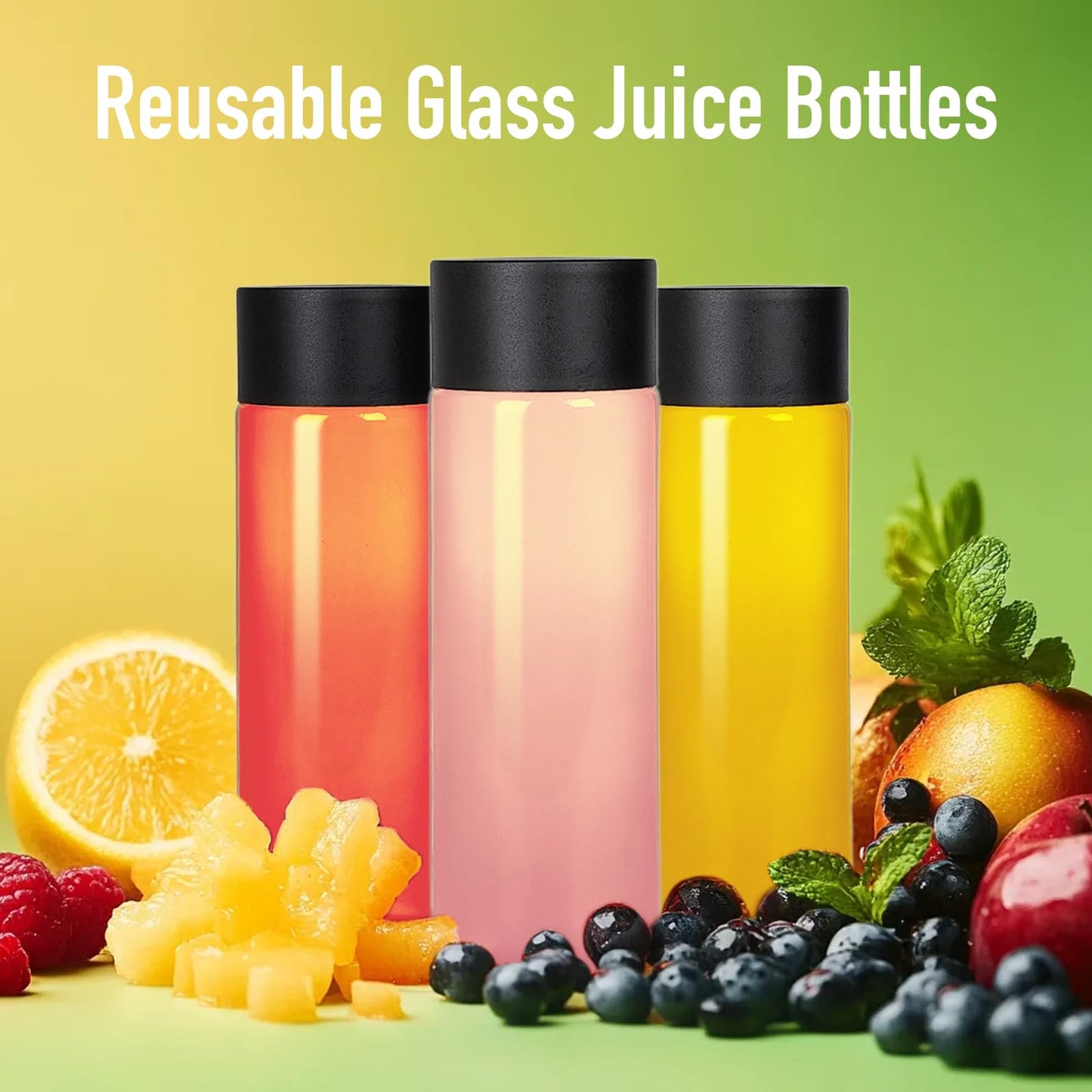 NEWMIAO 12Pack 12oz Glass Water Bottles with Lids, 350 ml Empty Glass Juice Bottles with Black Caps, Reusable Drink Containers Drinking Jars for Juicing, Milk, Beverages, Smoothies