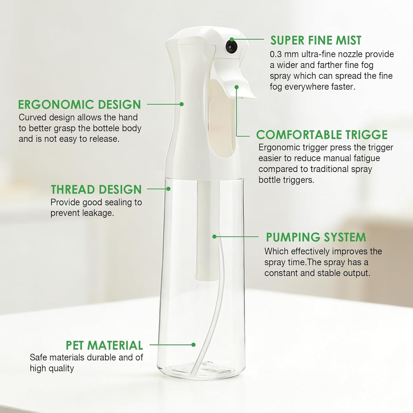 Mist Spray Bottle for Hair - 10oz Continuous Spray Bottles for Salons, Cleaning & Gardening | 2 Pcs Set